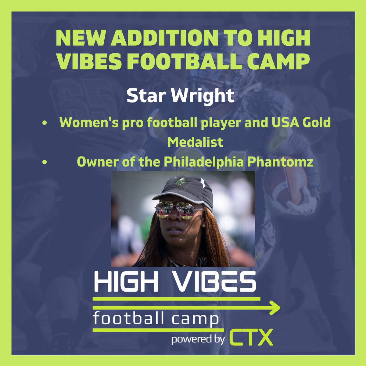 HighVibesFBall's tweet photo. We have another addition to High Vibes Football Camp🔥🔥 Women’s professional football player and owner of the Philadelphia Phantomz Star Wright will be joining us!! You’re not gonna want to miss this! #WomensFootball #HighVibes #PAFootball https://t.co/SUzLmAyjTE