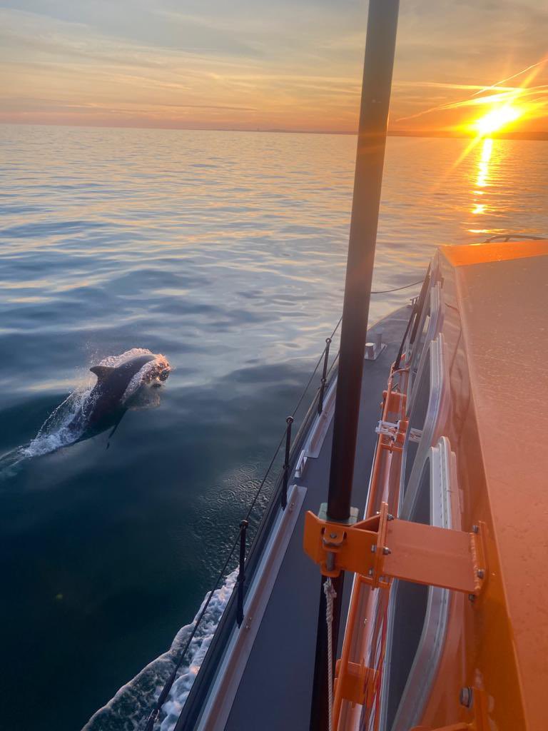 SLifeboatRNLI's tweet photo. Training evening with an added friend along for the ride....🐬🌅 #RNLI #sunset https://t.co/b1cveXmKe1