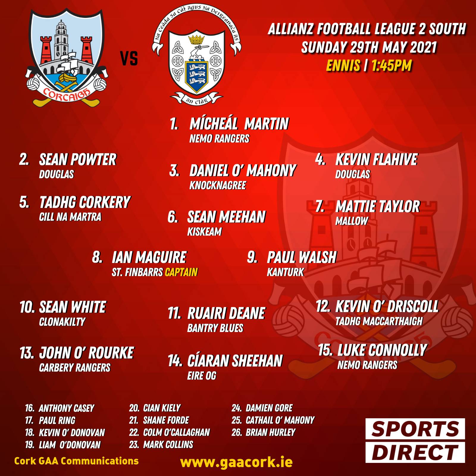 Cork GAA on Twitter "Cork football team to play Clare in Sunday's