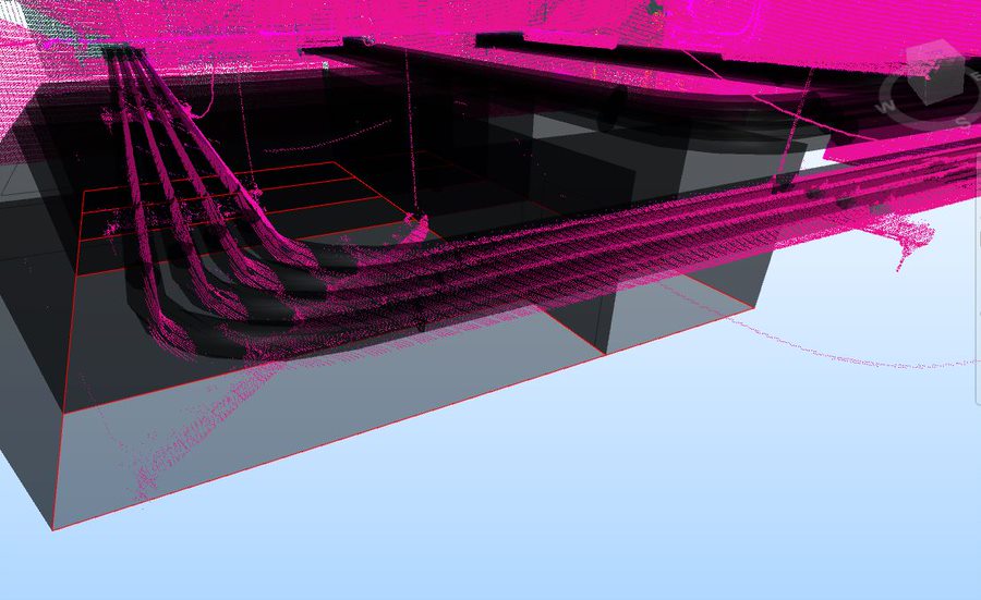 WBMGroupPLLC's tweet photo. Laser scanned as-builts allow us to overlay MEP systems in the #BIM model to quickly compare the installation against the coordinated layout.  This screenshot from the Charlotte Metro project shows the as-built point cloud in pink compared to the original BIM model in gray. https://t.co/R4daG8XBEk