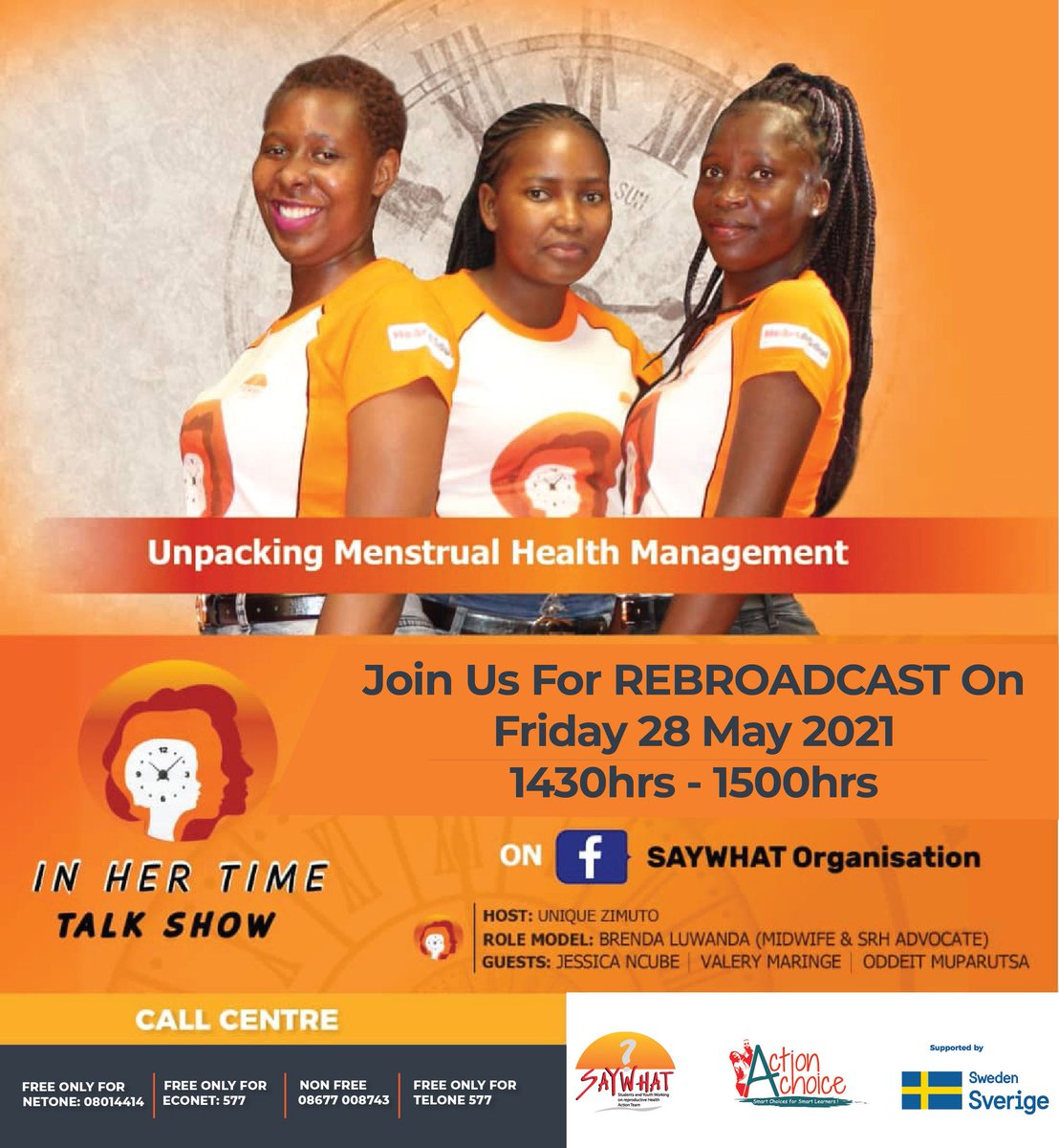 SAYWHATOrg's tweet image. Let's go down memory lane with #InHerTime talk show as we seek to bring in males on #MenstrualHygiene. Men need the knowledge so as to be supportive of their female counter parts.

Be part of the conversation tomorrow. 
#YouthonSRH 
@SwedeninZW @UNFPA_Zimbabwe @HStvZim