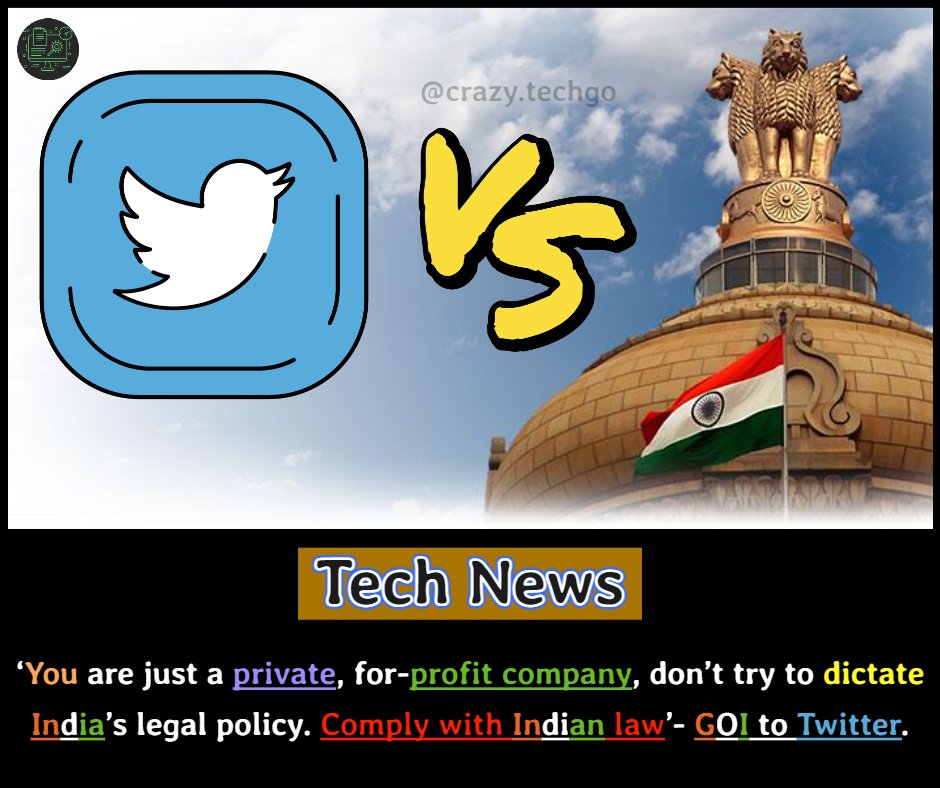 crazytechgo's tweet image. 'You are just a private, for-profit company, don't try to dictate India's legal policy. Comply with Indian Law': Government of India to Twitter
#IndiaVsTwitter #ITRules #WhatsApp #SocialMediaban #TwitterBanInIndia #TwitterIndia #BreakingNews #BREAKING Indian Govt