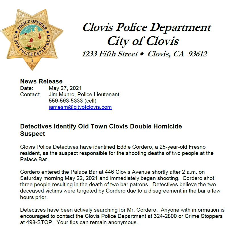 ClovisPolice_CA's tweet photo. 🚨 #Wanted Double Homicide Suspect 🚨

Clovis PD is asking for your help to locate double homicide suspect, 25 year-old Eddie Cordero of Fresno. 

For additional information regarding this case, see our news releases here: https://t.co/STUatjS2D5 https://t.co/RxtbkI4bhf