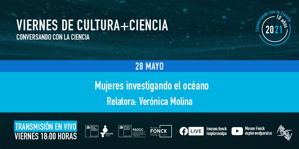 exploravalpo's tweet image. "Mujeres investigando el océano", presenta la Dra Verónica Molina de @HubUpla este viernes 28/5 18h. Transmisión en redes junto a @musefonck facebook.com/exploravalpo/ #CulturaCientífica #UPLA #Valparaíso