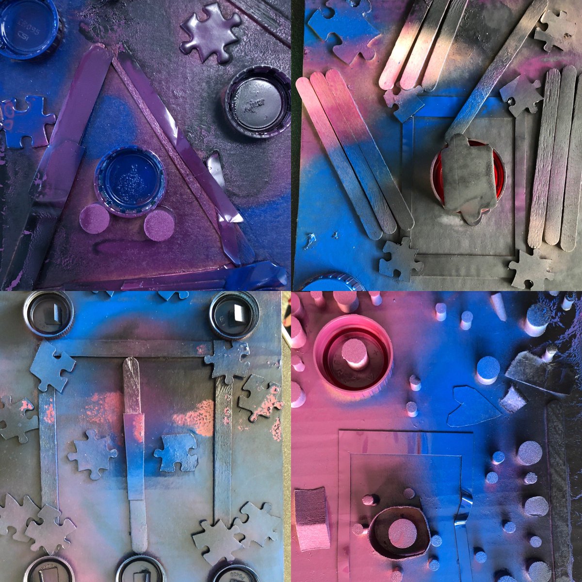 laurarabecain's tweet photo. Iโm going to write a book... โI Survived 3rd Grade Spray Painting.โ Just kidding, my 3rd graders are totally amazing and so is their art! #artmatters #FoundObjectArt #MagicTrash #SpringIntoGSD https://t.co/Rt7cMReQM0