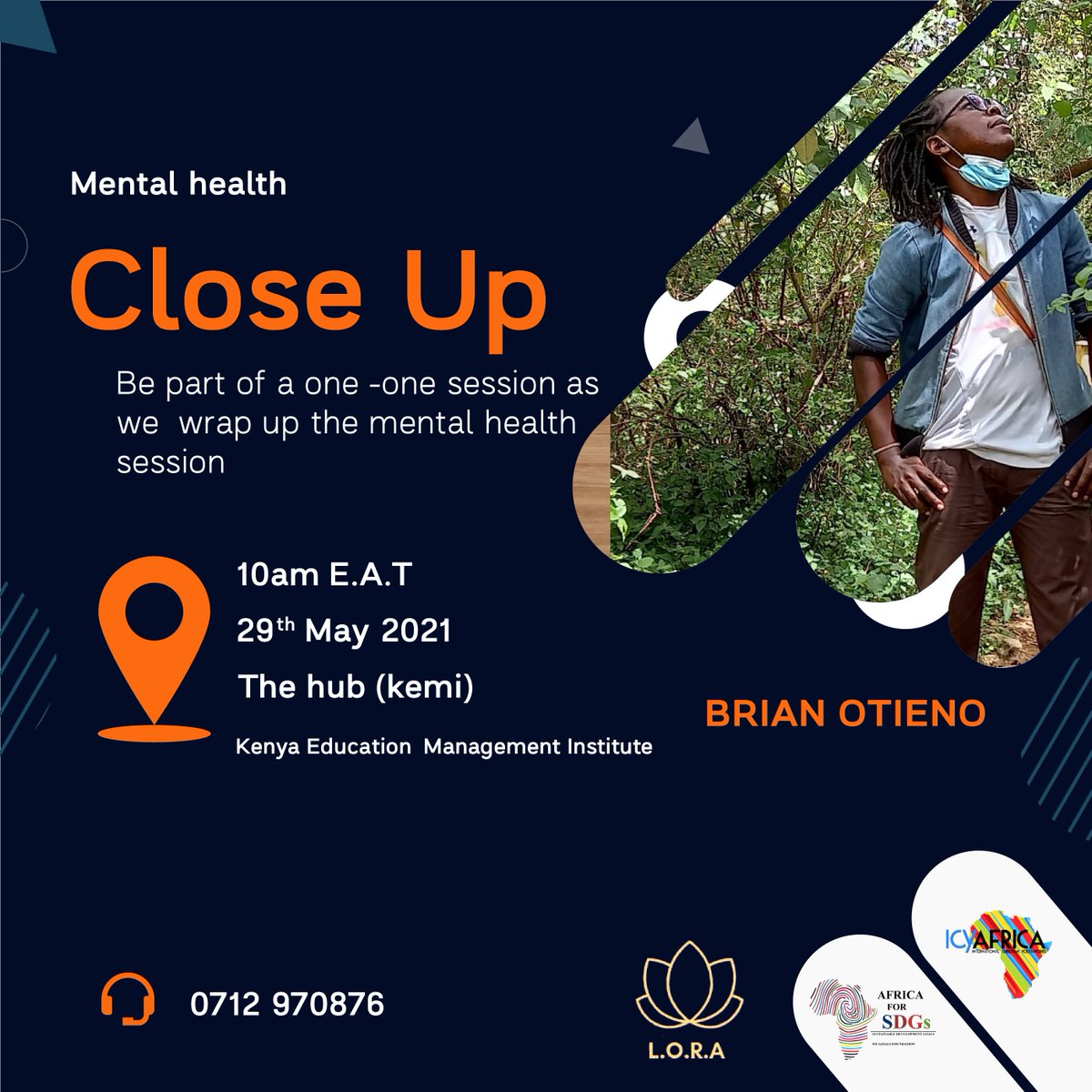 LoraOrg's tweet photo. This Saturday , we shall  wrap the mental health month  down at Kenya Education Management Institute ,  in a one-one session   with guidance from @Alfajiri5 Lead 
Brian Otieno
@G4G_Africa @youth4MHKenya  @citiesRISE
 
#MentalHealth254 #MentalHealthAwarenessMonth https://t.co/h3y4ct6Akk