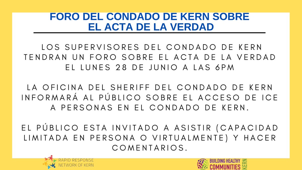 El Foro del Condado de Kern sobre el Acta de la Verdad será el lunes 28 de junio a las 6pm. Aprenda más sobre el Acta de la Verdad y sus derechos: instagram.com/p/CPYyYC4ASda/…
Compartiremos más datos pronto sobre como involucrarse.