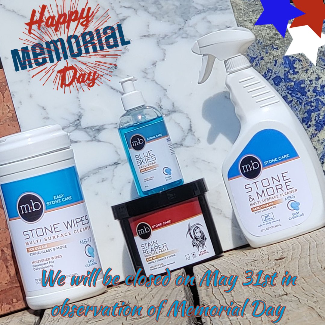 professional_mb's tweet photo. We will be closed on Monday May 31st in observation of Memorial Day. We will be back in the office on Tuesday June 1st. We hope everyone has a fun and safe weekend 🌟🏖️🎆

#mbstone #madeinamerica #memorialday #redwhiteblue #rojoalicantemarble #carreramarble #bluebahiagranite https://t.co/o5SeJHmOWn
