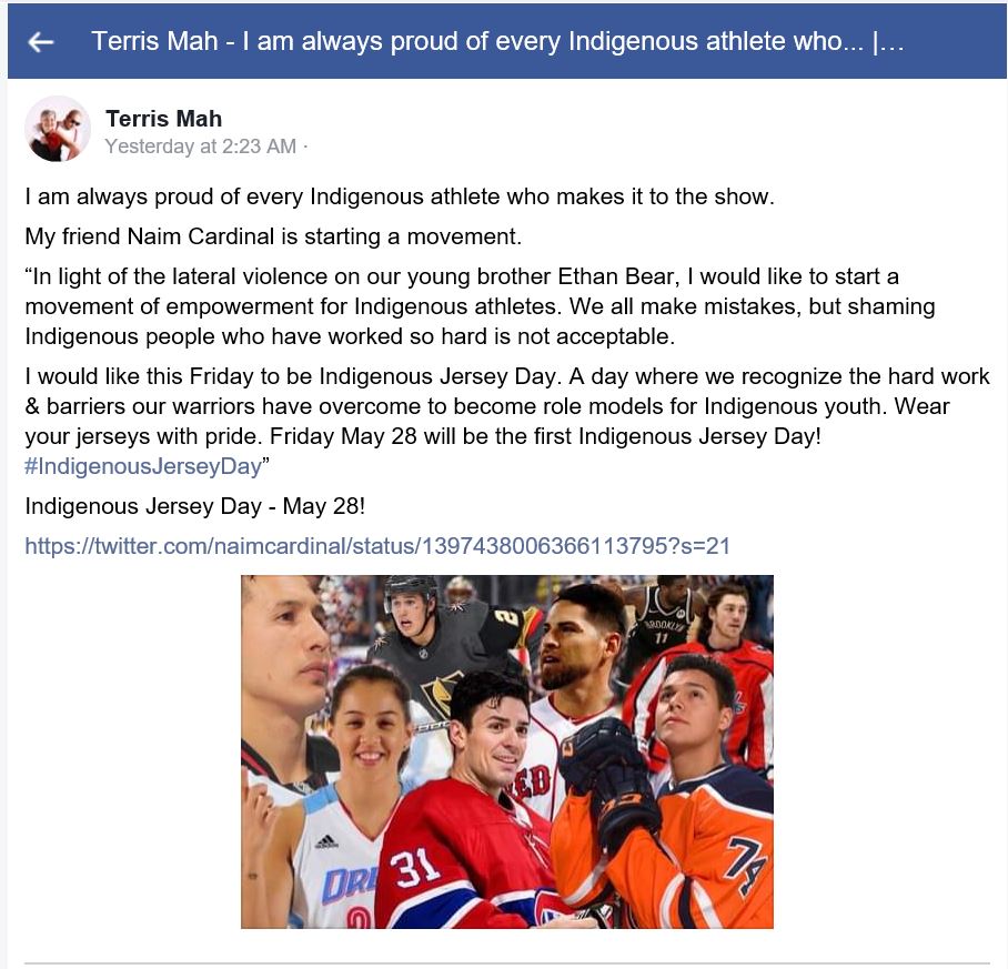 alianaihale's tweet photo. Indigenous Jersey Day, tomorrow, Friday May 28th 2021 https://t.co/3mIY3eO9yT