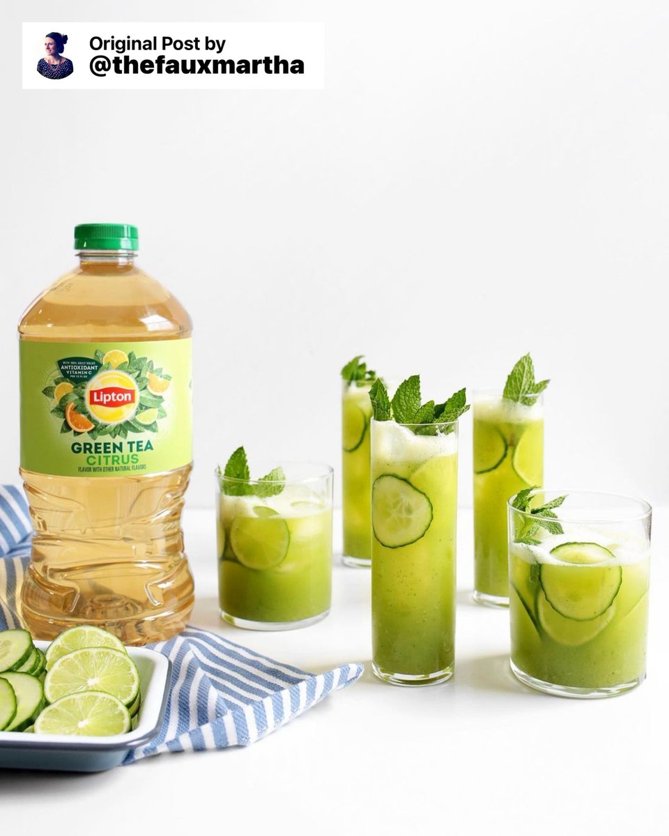 Lipton's tweet photo. Craving a bright and refreshing beverage? Try this quick Agua Fresca recipe made with Lipton Iced Green Tea Citrus and fresh fruit 🍹
Blend 4 cups Lipton Green Tea Citrus, 1 English cucumber, 1/2 cup mint leaves, zest of 2 limes &amp; 2 peeled limes. Pour over ice, garnish &amp; enjoy! https://t.co/tMHeKwHDbh