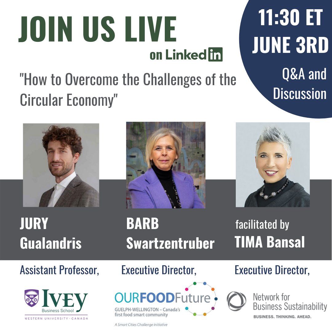 NBS goes #Live! 
<a href="/TimaBansal/">Tima Bansal</a> Barb Swartzentruber &amp; <a href="/JuryG/">Jury G.</a> will discuss how they're creating Canada's first circular food economy, the key barriers #circulareconomy initiatives face, and how to overcome them.

Join us: linkedin.com/events/livestr… 
#sustainablebusiness #sustainability