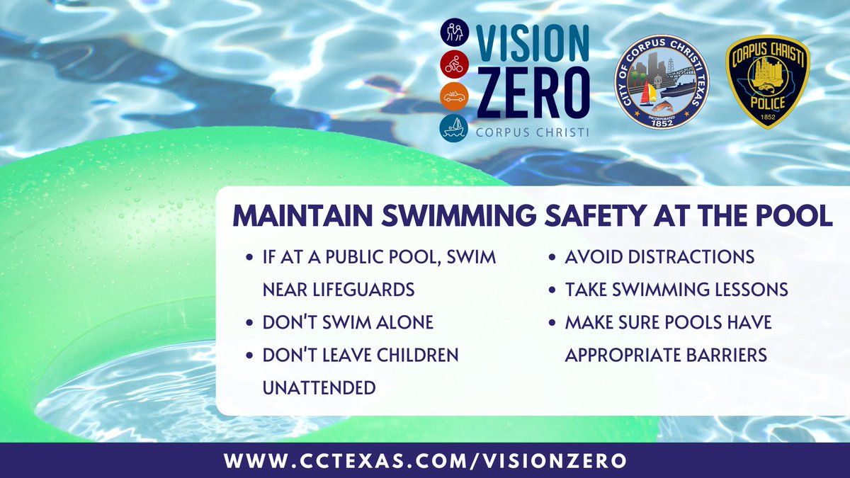 cityofcc's tweet photo. If you're headed to the pool for #MemorialDay weekend, remember to never swim alone. Supervise children and do not trust a child’s life to another child. Teach children to always ask permission to go near water. 🏊 
👉 https://t.co/yVdqfIwjB3 #CCpools #VisionZeroCC #VisionZero https://t.co/5CVfjvIv9o