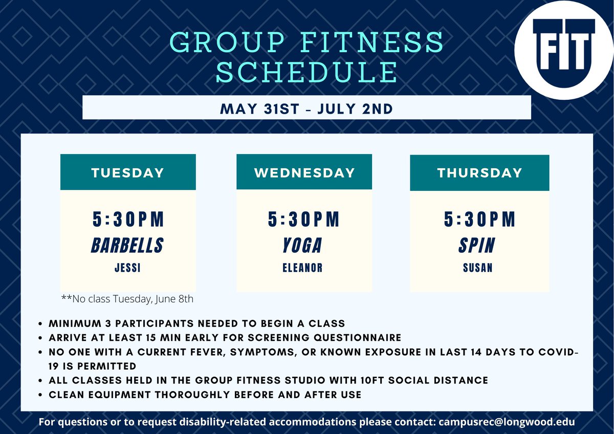 LUCampusRec's tweet photo. Our Group Fitness class schedule will be changing starting NEXT WEEK! Come out to our Barbell, Yoga, and Spin in-person classes🏋️‍♂️🚲🧘‍♂️ 
PS-Hybrid Yoga will be back soon! https://t.co/0JwVQ9XNSp