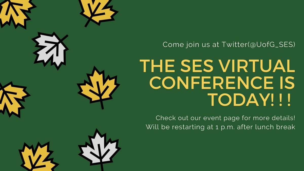 SESGSC's tweet photo. The 2021 UofG SES virtual conference is happening now! Join us on Twitter!
#SESGRADVConference2021 #UofG_SES
Big thanks to the presenters and participants so far!
Keynote, presentation videos, and poster presentations in the afternoon.

Come back after lunch, stay tuned! https://t.co/cCBdSfrwog