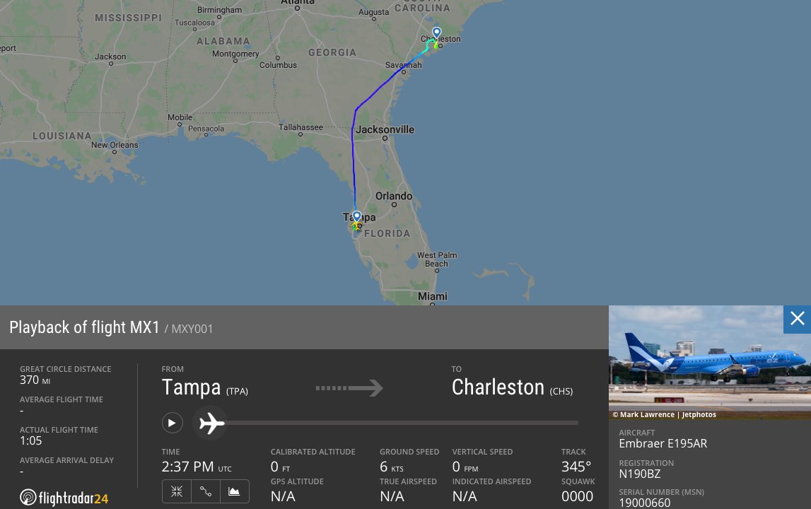 FandaAviation's tweet photo. Earlier this morning was the first flight for @BreezeAirways, the new airline created by JetBlue founder David Neeleman. #AvGeek #PaxEx

Replay flight #MX1 from Tampa (TPA) to Charleston (CHS) on @flightradar24: https://t.co/R90FDslAqj https://t.co/fwC2mGlDBT