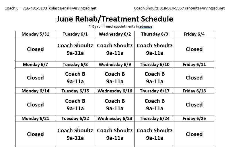 VikingsAT's tweet photo. Summer athletic training hours posted below.  Rehab/treatment will be BY APPOINTMENT ONLY. Email ATs in advance for an appointment. https://t.co/rSrtiBduzW