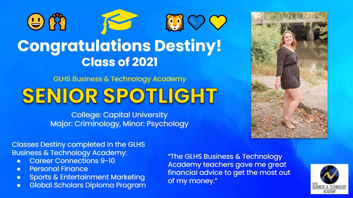 Congratulations Destiny!! We are SO proud!! 😃🙌🎓🦁💙💛 #oneprideonefamily #oncealionalwaysalion @GLHSLions @GahannaJeffersn @Capital_U