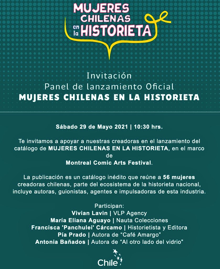 Sáb 29 mayo, 10:30 en <a href="/FBDM_MTL/">Festival BD Montréal</a> Lanzamiento Catálogo de Mujeres chilenas en la Historieta con <a href="/vivian_lavin/">Vivian Lavín Almazán</a> <a href="/meliaguayo/">maria eliana aguayo</a> @panchulei <a href="/torredebabel/">Pía Prado</a> Antonia Bañados <a href="/Nauta_Coleccion/">Nauta Colecciones</a> <a href="/VLPagency/">VLP Agencia Literaria</a> <a href="/ProChile/">ProChile</a> 
Lanzamiento: fbdm-mcaf.ca/en/comic-arts-…
Descarga catálogo:
prochile.gob.cl/difusion/difus…