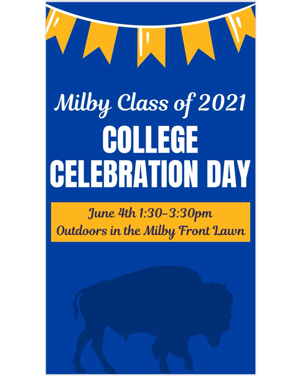 MILBY HS CO2021 COLLEGE CELEBRATION DAY, NEXT FRIDAY JUNE 4th @ 1:30PM🎓🎉💙💛

MANY COLLEGE REPS, COLLEGE GEAR RAFFLES, HUGE PRIZES &amp; A WHOLE LOT OF GIVEAWAYS!!! 

REP YOUR COLLEGE/UNIVERSITY SHIRTS TO TAKE PICS SENIORS!!! 👨🏻‍🎓👩🏻‍🎓🎉🎉