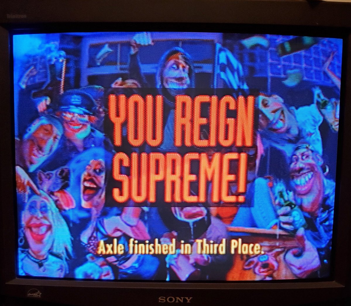 Here is my spectacular crash over the finish line for 3rd place and a #RoadRash completion! (I'm the gold guy in the air.) Check out the latest <a href="/RetroGameGuys/">Retro Game Guys Podcast (A #Retrogaming Podcast)</a> episode to hear the struggle that it took to get here! ☠
#Retrogaming #PlayStation #BeatRetroGameGuys