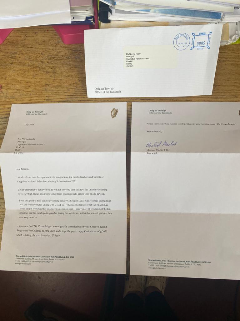 cappabue's tweet photo. We received a lovely letter in the post today from the Office of the Taoiseach.
@MichealMartinTD congratulated the school on our recent #Schoolovision success with We Create Magic, passing on his best wishes to everyone involved 🎉🇮🇪

@GMCBeats @ApertureMediaIE @creativeirl https://t.co/sMk8VXQOUD