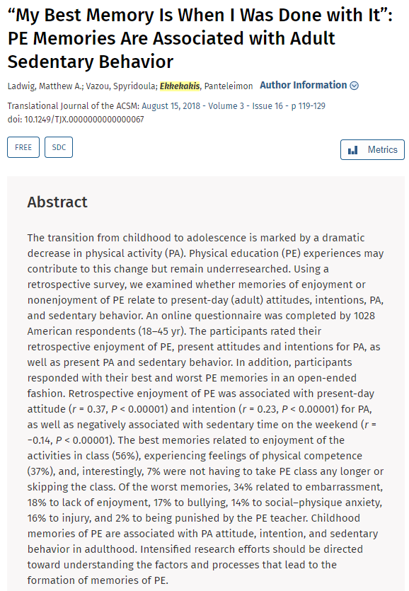 supportREALtchr's tweet photo. "Childhood memories of #PhysEd are associated with PA attitude, intention, and sedentary behavior in adulthood" https://t.co/tQ5gh9QQM8 #PhysedResearch @PHITAmerica https://t.co/6uKMtYYI3n