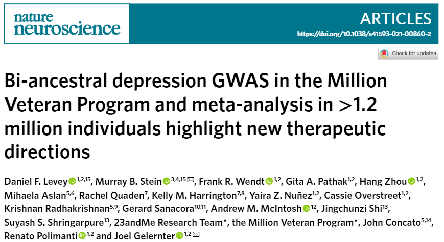 PGCgenetics's tweet photo. Out today in @NatureNeuro, the largest genomic study of #depression to date (>1.2 Million individuals) led by @dflevey1 of @Yalepsych/@YaleMed. Provides new insight into the genetic etiology of depression and related traits. Great work @dflevey1 and team! https://t.co/YBY2hlRS11 https://t.co/2m0aKf2IpO