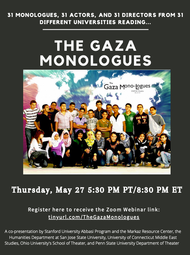 We are honored to be joining 30 other institutions for this event tonight at 7:30 PM CT/5:30 PM PT. 

31 Monologues, 31 Actors, 31 Directors and 31 Universities participating in THE GAZA MONOLOGUES. 

Register to attend the event here: tinyurl.com/TheGazaMonolog…