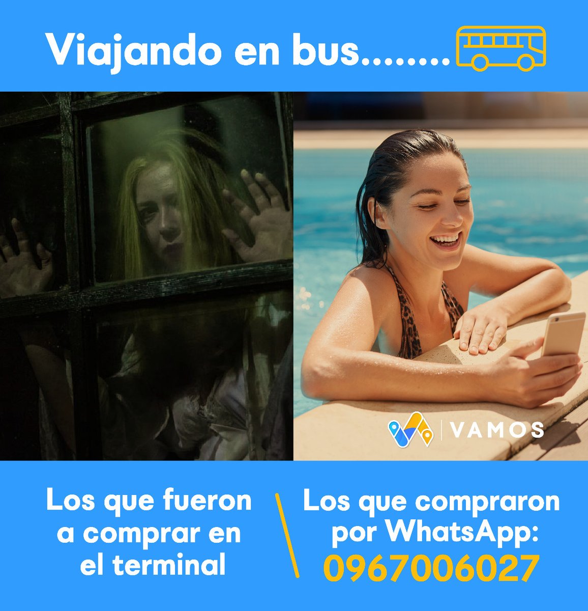 ¡No te estreses comprando tu pasaje de bus! 🚫😰
 
Relájate ✌️😎 y compra tu pasaje por WhatsApp con anticipación: 096 700 6027 📲 o dale click para:

1️⃣ Información de horarios y rutas: 👉bit.ly/2MPoUEX
2️⃣ Comprar tu pasaje: 👉 bit.ly/3sUyjKY

#VamosPasajes🚌🇪🇨