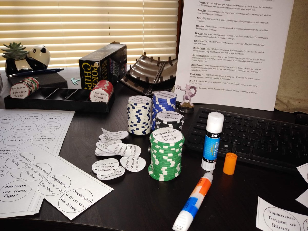 LeeV94_'s tweet photo. @itsginnydi I give my players experience points for everything even failing, and I tally it all up at the end of the session so it doesn't interrupt the story/game. 

I also subtract X.P. for meta gaming and being on your phone during the game.

I made inspiration tokens. https://t.co/abIyAA441E