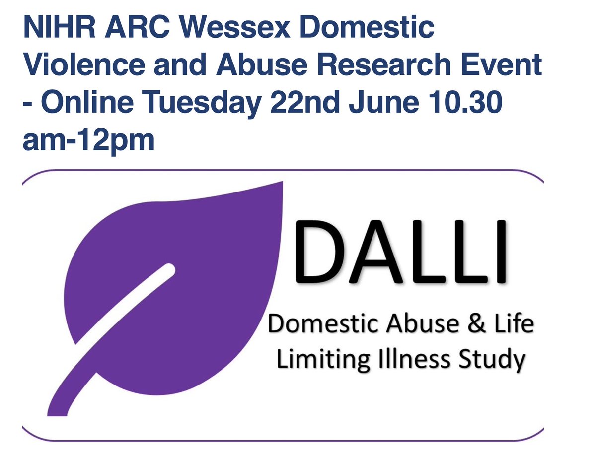 arc_wessex's tweet image. We would like to invite you to save the date for an exciting upcoming event showcasing research being undertaken on #domesticviolence and abuse (DVA) in Wessex. details here. June 22 online 10.30am-12pm @DalliStudy @MMyall @NIHRCRNWessex @TheHamptonTrust 
arc-wx.nihr.ac.uk/events/posts/2…