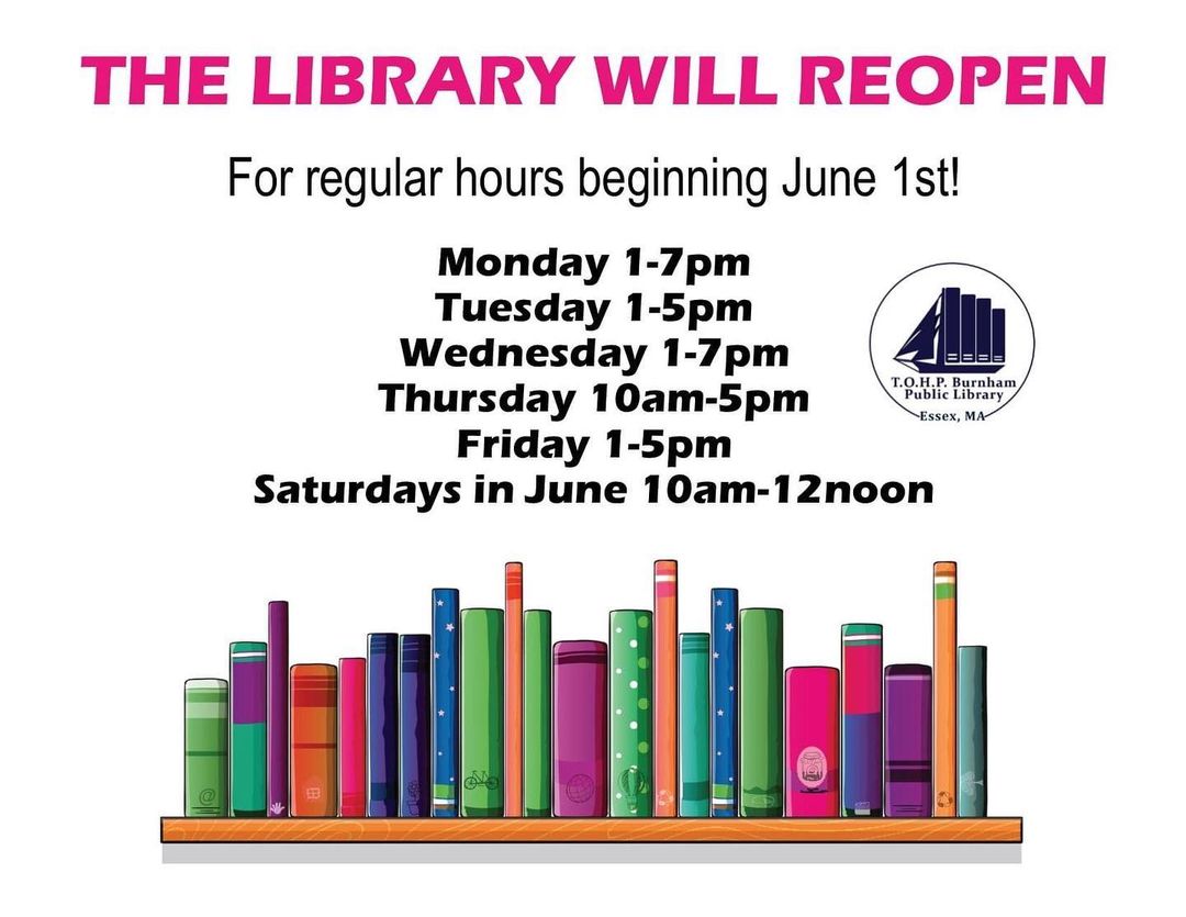 VisitEssexMA's tweet image. #repost @essexpubliclibrary Reopening with regular hours beginning June 1st! Essex library details at visitessexma.com/tohp-burnham-p… 

#TOHPBurnhamPublicLibrary @visit.essexma #visitessexma #essexma #MyEssexMA #LoveMyLocal #DineShopStayPlayEssexMA