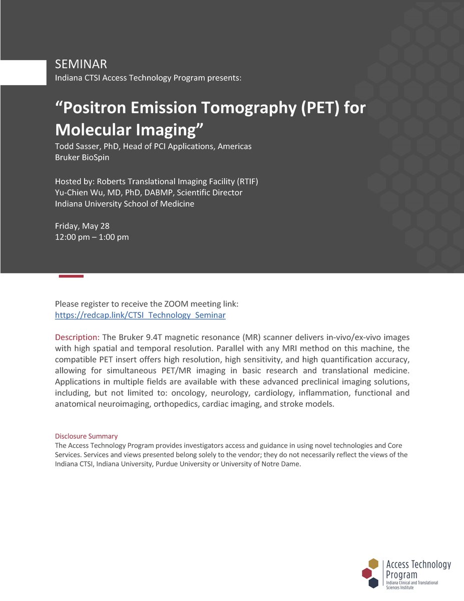 IU Center for Medical Genomics (@genomicsiu) on Twitter photo 📢At 12PM tomorrow, join us for this <a href="/IndianaCTSI/">Indiana CTSI</a> ATP seminar to learn about how PET/MR imaging can be utilized in basic research and translational medicine.
Register in advance here: redcap.link/CTSI_Technolog… 📢At 12PM tomorrow, join us for this <a href="/IndianaCTSI/">Indiana CTSI</a> ATP seminar to learn about how PET/MR imaging can be utilized in basic research and translational medicine.
Register in advance here: redcap.link/CTSI_Technolog…
