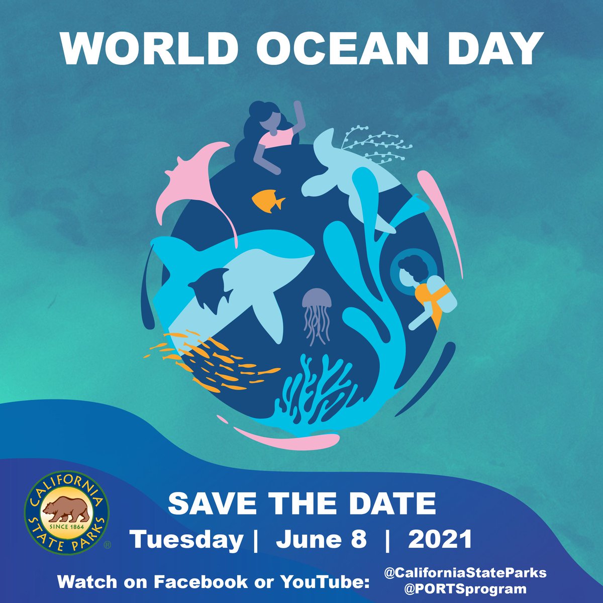 CAStateParks's tweet photo. 🌊#SaveTheDate: Dive into #WorldOceanDay w/ @portsprogram &amp; @MontereyAq on Tues June 8! Our #CAStateParks #scuba divers 🤿 will be broadcasting LIVE UNDERWATER @PointLobosSNR. We will visit #CaliforniaMPAs along our coast &amp; learn actions we can take to protect out global #ocean! https://t.co/YV5ew1HO4h