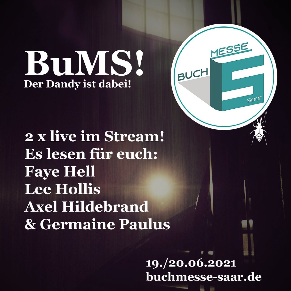 thedandyisdead's tweet photo. ZackBuMS!
Buchmesse Saar 2021!
Der Dandy ist virtuell mit Stand vor Ort. Und gelesen wird auch:
Faye Hell, Lee Hobson Hollis, Axel Hildebrand und Germaine Paulus haben da was Kleines vorbereitet.
Klickt ihr, guckt ihr, lauscht ihr?
Details folgen!
🕷❤️🤘 https://t.co/y28iLOY3n5