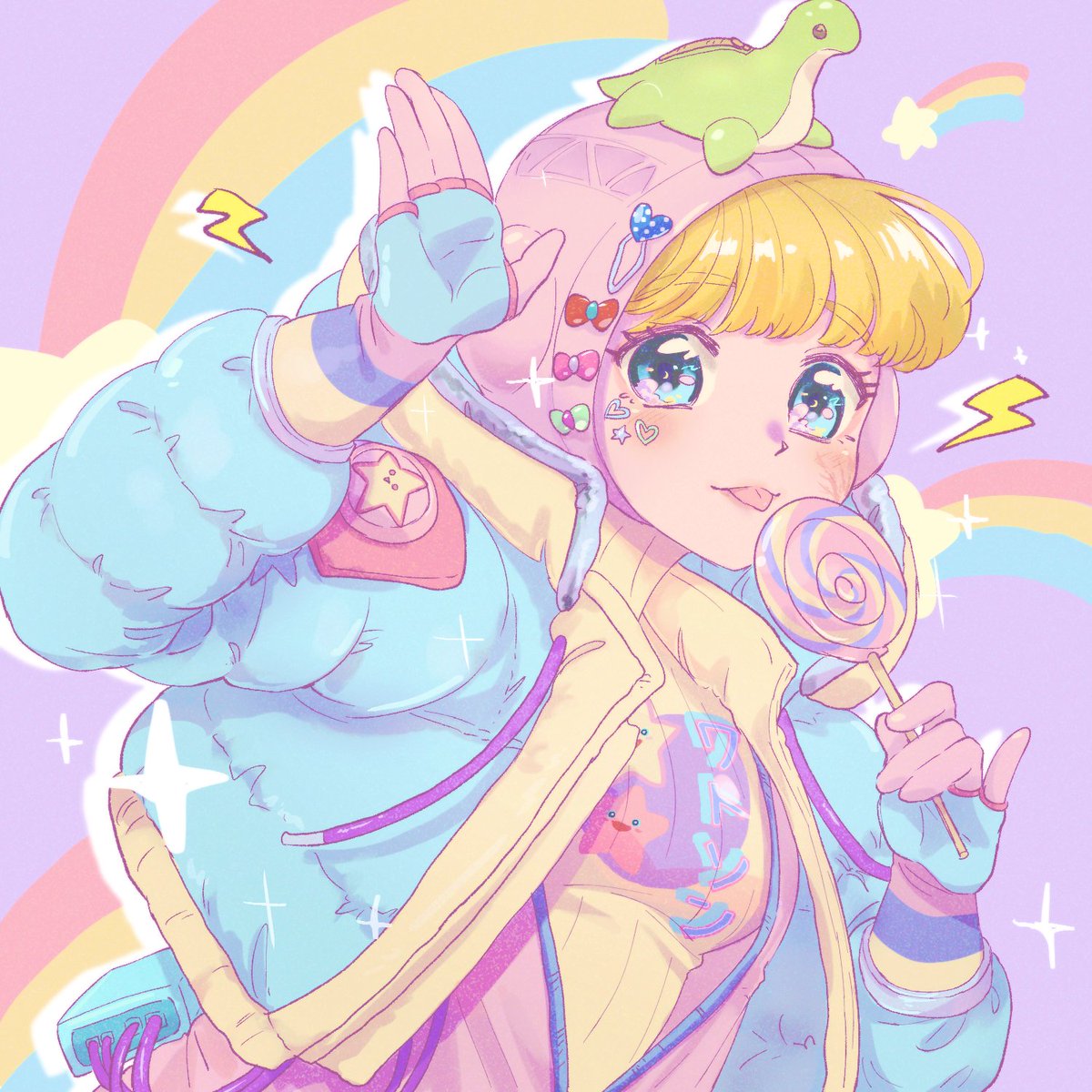 wattson (apex legends) 1girl rainbow animification lollipop candy jacket solo  illustration images