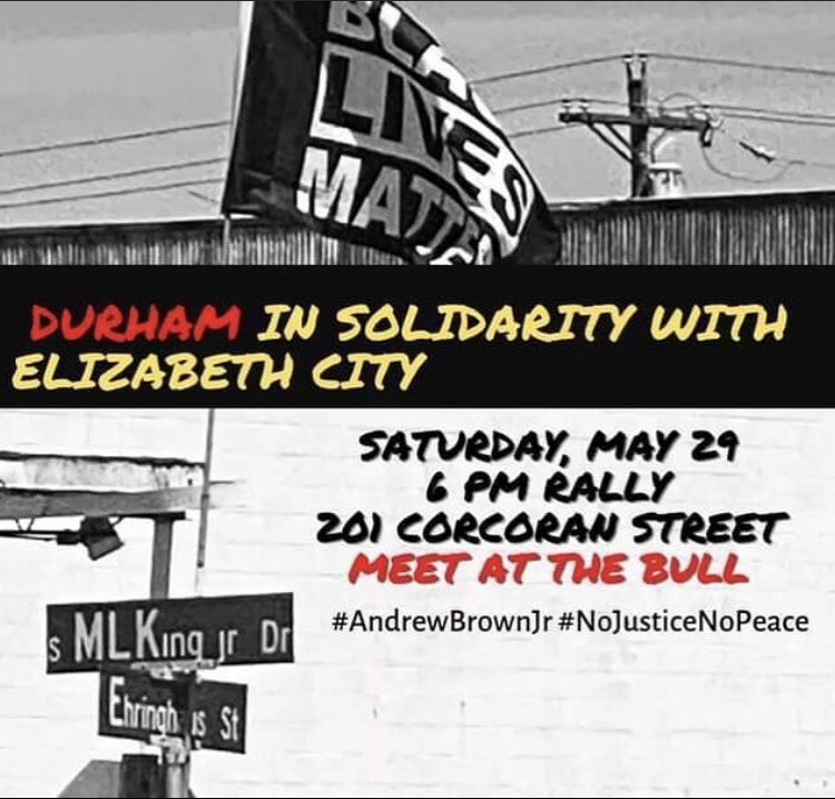 DRMBeyondPolice's tweet photo. ❗️Durham In Solidarity with Elizabeth City❗️

Meet at the bull this Saturday 5.29 at 6pm. No justice no peace. https://t.co/9RpW0nfiVB