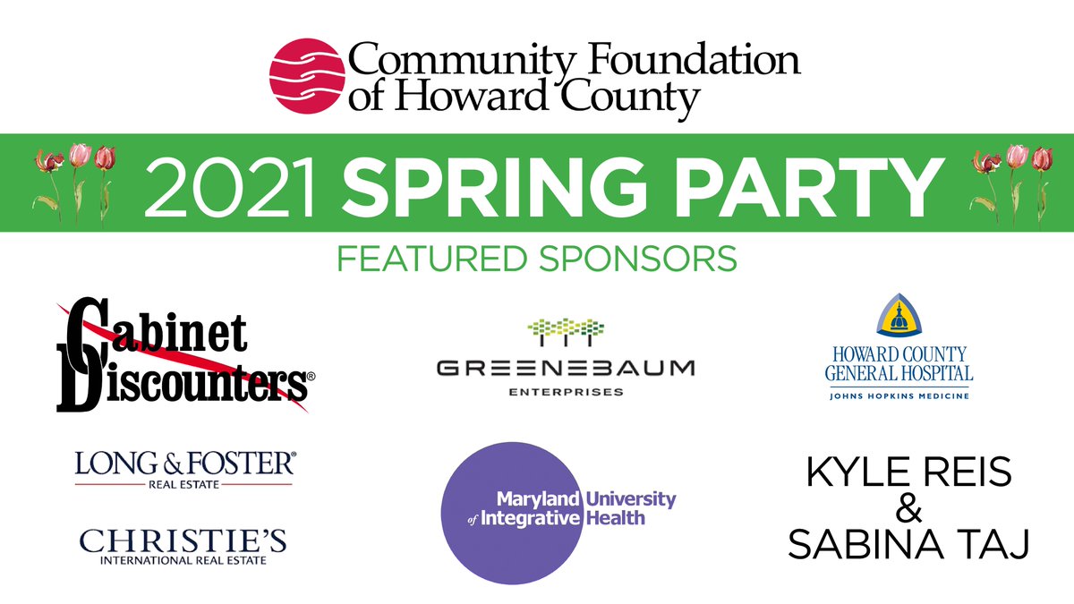 CFHoCo's tweet photo. Our corporate partners are the foundation of our events' success. Thank you to our tremendous Spring Party Featured Sponsors: @CabinetDiscntrs, Greenebaum Enterprises, HCGH @HopkinsMedicine, @TheCorraoGroup, @MUIHealth along with Kyle Reis &amp; Sabina Taj. https://t.co/Ck6YhYV4mS