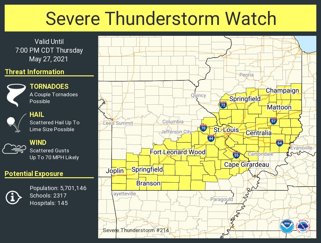 jcfultz's tweet image. A Severe Thunderstorm Watch has been issued for most of central Illinois until 7 PM. Make sure your weather radios are on and you have multiple ways to receive warnings. #ilwx