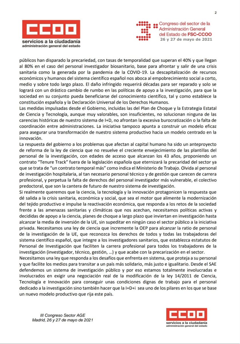 CCOO_CSIC's tweet photo. Aquí la resolución presentada y aprobada por unanimidad del Congreso del @sae_fsc_ccoo.
Ahora se eleva al Congreso de la @FSCdeCCOO que se celebra a primeros de julio. 
#LeydeCienciaConDerechos 
#SinCienciaNoHayFuturo https://t.co/pTd85yc7bR