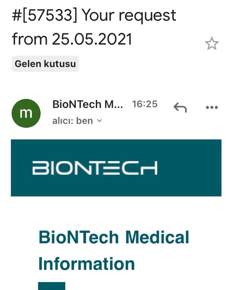 opdrokanozdemir's tweet photo. BionNTech Almanya’ya mRNA A$$Ilarının Türkiye’de ki  ruhsat,izin ve güvenlik sertifikalarını sordum.Cevaben TÜRKİYE’DE AŞININ HERHANGİ BİR RUHSAT,İZİN VE ACİL KULLANIM ONAYI (AKO) BULUNMADIĞI bilgisi biraz önce geldi.Firma da sorumluluktan muaf.Şimdi muhatabımız A$$I yı yapan mı? https://t.co/ZbxpSdX7ce