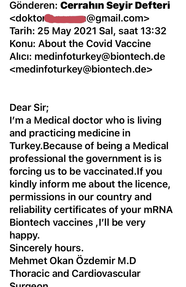 opdrokanozdemir's tweet photo. BionNTech Almanya’ya mRNA A$$Ilarının Türkiye’de ki  ruhsat,izin ve güvenlik sertifikalarını sordum.Cevaben TÜRKİYE’DE AŞININ HERHANGİ BİR RUHSAT,İZİN VE ACİL KULLANIM ONAYI (AKO) BULUNMADIĞI bilgisi biraz önce geldi.Firma da sorumluluktan muaf.Şimdi muhatabımız A$$I yı yapan mı? https://t.co/ZbxpSdX7ce