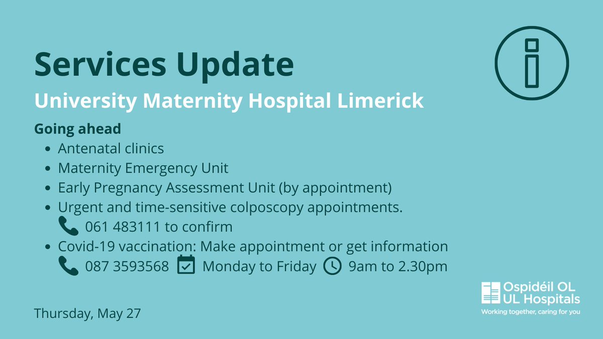 ℹ️ Our graphic details services which are going ahead at University Maternity Hospital Limerick (UMHL). 

Pregnant women can call 087 359 3568 for more info about, or to make an appointment for, the Covid-19 vaccination.

For further updates, visit: bit.ly/3bYndhY