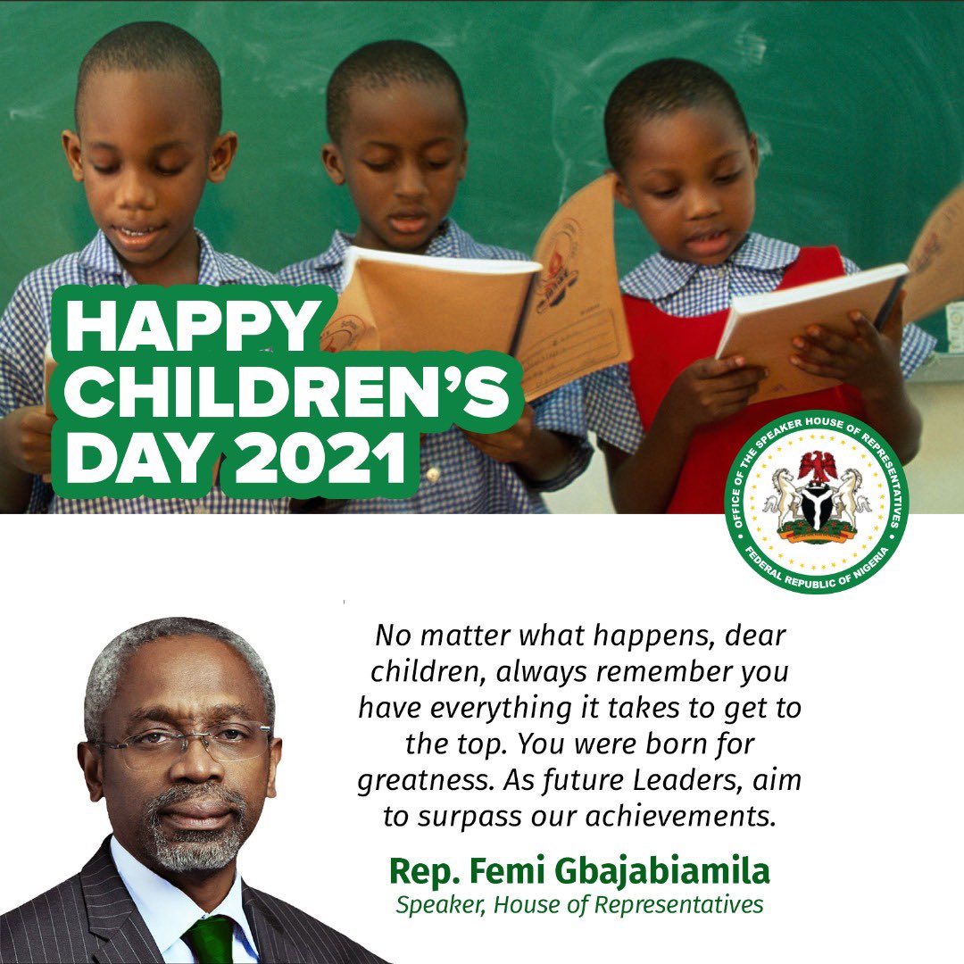 Speaker of the House of Representatives (@speakergbaja) on Twitter photo Children's Day: Gbajabiamila celebrates Nigerian children
The Speaker of the House of Representatives, Rep. <a href="/femigbaja/">Femi Gbajabiamila</a>, has rejoiced with Nigerian children on this year's Children's Day.
#ChildrenDay Children's Day: Gbajabiamila celebrates Nigerian children
The Speaker of the House of Representatives, Rep. <a href="/femigbaja/">Femi Gbajabiamila</a>, has rejoiced with Nigerian children on this year's Children's Day.
#ChildrenDay
