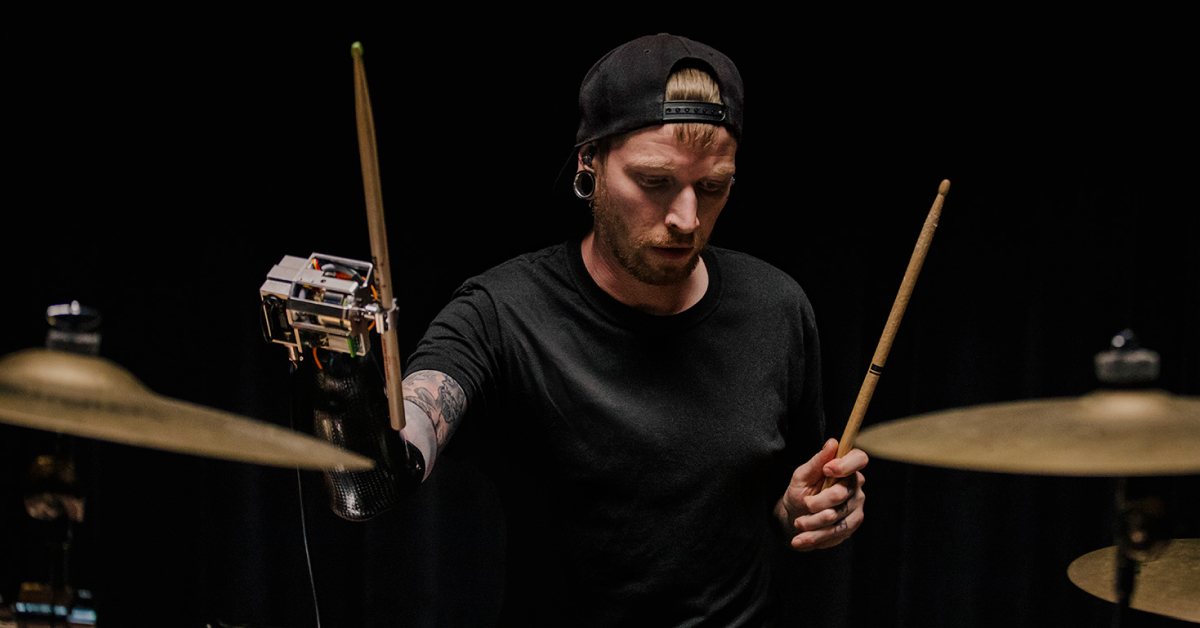 Google's tweet photo. .@cybrnetx lost his lower right arm in 2012. Motivated by his love of music, he worked with Georgia Tech researchers to develop a TensorFlow-powered prosthetic arm that lets him drum almost as if he was playing with his own arm. Learn more → https://t.co/PCdXht8Asx https://t.co/5X1LKLlAKy