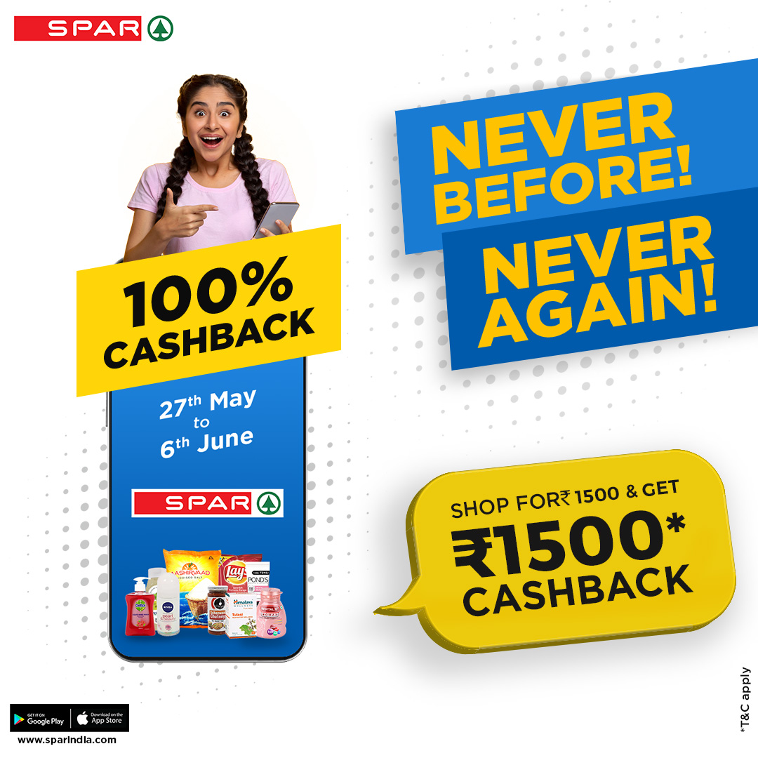 SparIndiaHyper's tweet photo. An offer like NEVER BEFORE, NEVER AGAIN! 
Shop for Rs.1500 and get Rs.1500 CASHBACK. 
Valid from 27th May - 6th June. 

#SPAR #SPAROffers #DiscountAlert #Groceries #GroceryShopping #OrderNow #Samedaydelivery #Bigsavings #Savings #BestPrices #Sale #Cashback #NeverBeforeOffer https://t.co/VUcLB6NFQZ