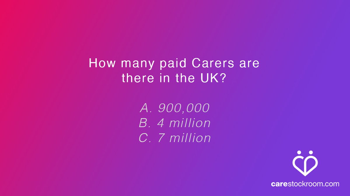Care Conundrum! 

The care industry is worth millions of pounds to the UK economy, do you know how many paid-carers there are in the UK?

A. 900,000 people
B. 4 million people
C. 7 million people

Comment your answer below and see if you are right! 

#careindustry  #CareStockroom