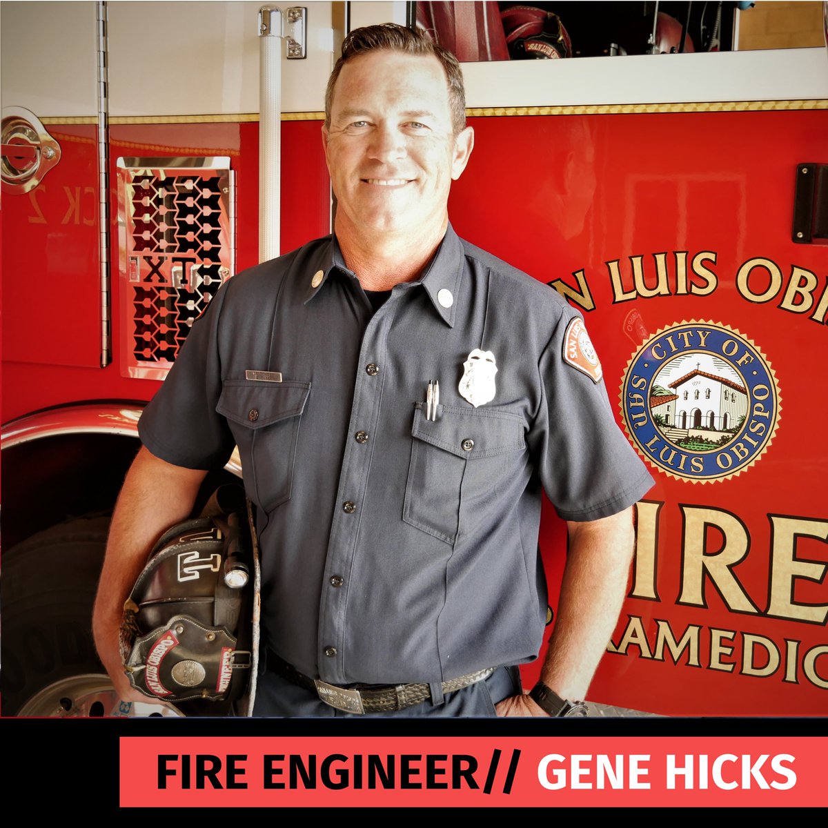 SLOCityFire's tweet photo. (1/5) Today we’re highlighting Engineer Gene Hicks who tomorrow will be retiring after 33 years in the fire service. Gene has spent his career serving the Central Coast and we would like to send him a huge thank you for his commitment to excellence while serving the City of SLO https://t.co/2Ox44mePLt
