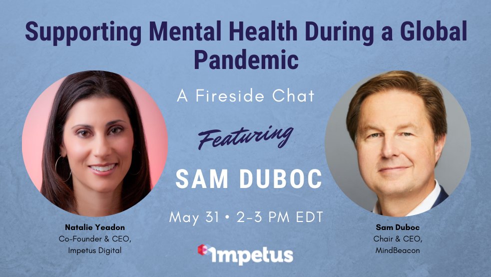 impetus_digital's tweet photo. Sign up now for our talk with @SLDuboc, Chair &amp; CEO of @MindBeacon, where we will explore tools, tips, and supports for mental health concerns in this virtual world: https://t.co/F1LUtlu3vn 

#mentalhealth #virtualcare #telehealth #covid19 #pandemic https://t.co/s3hkqOeK8n