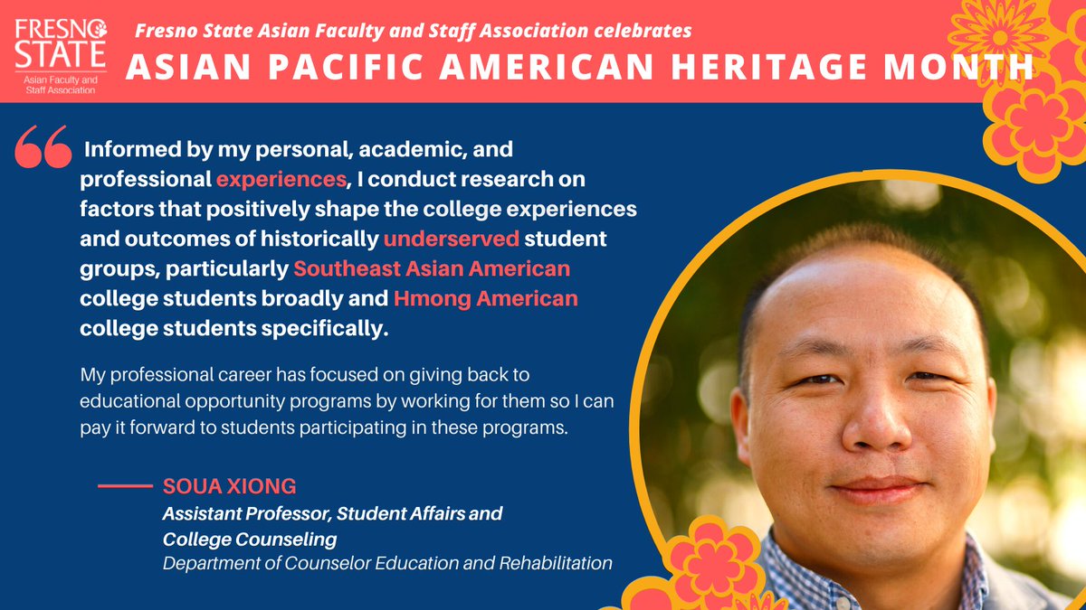 AFSAFresnoState's tweet photo. Soua Xiong is a first-generation Hmong American college graduate. He says his prior experiences and the programs and people he’s met along the way have shaped his success. Now, as a faculty member, he wants to offer the same for his students. Read more: https://t.co/FPGBRC4SrF https://t.co/jPi1wJeNMU